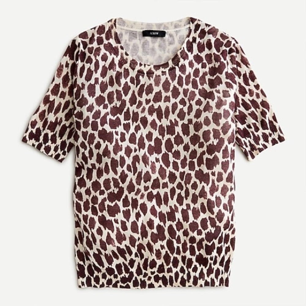 J. Crew Short Sleeve Leopard Print Silk Blend Tee in Cream and Brown